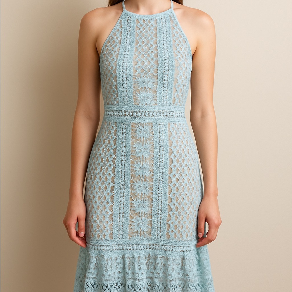David's Bridal Light Blue One-Shoulder Crochet Halter Dress